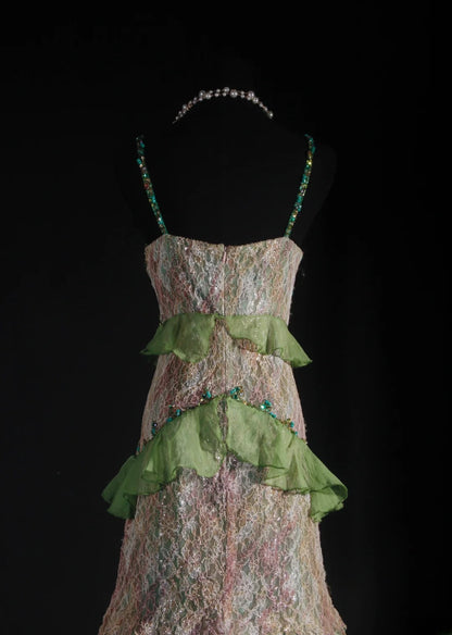 Vintage 90s Prom Dresses Women Mermaid Spaghetti Straps Green Lace Long Formal Dance Evening Party Gowns AS037