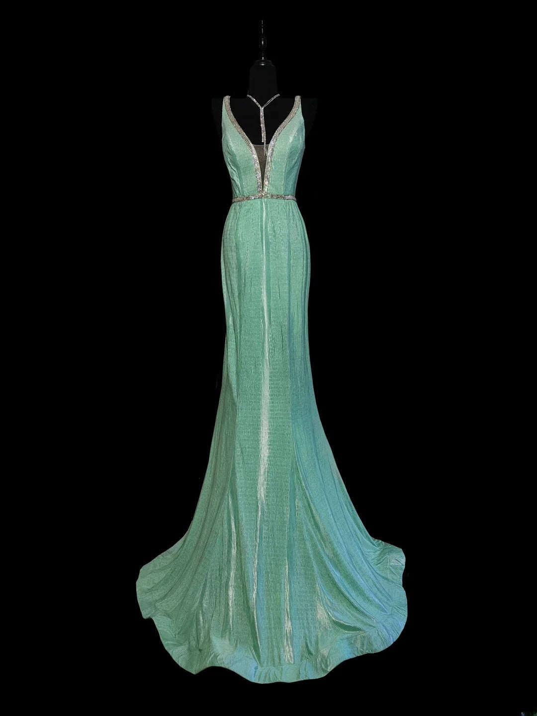 Robe de soirée longue vert menthe, col en V, style sirène, taille modeste, idéale pour les lycéennes en fin d'année (AS037)