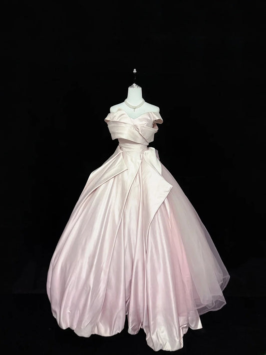 Classy Ball Gown Off The Shoulder Pink Satin With Ruffled Quince Dress Voluminous Sweet 16 Quinceanera Dresses Vestido de RB7408