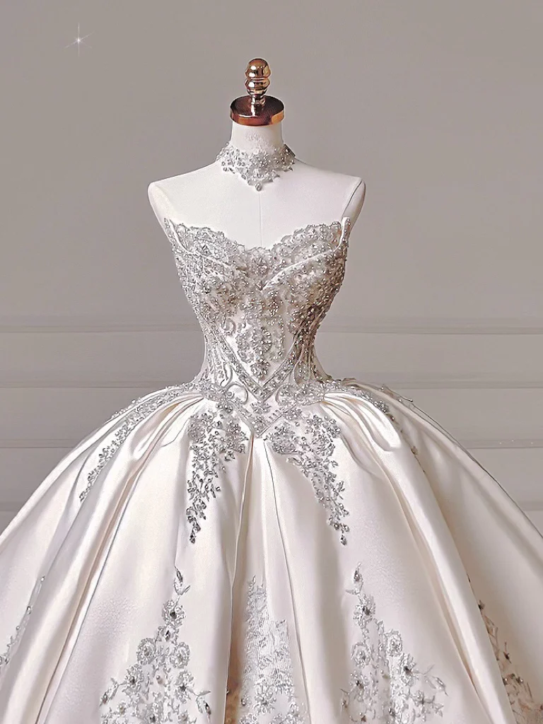 Prinzessinnen-Brautkleid, langes Ballkleid, schulterfrei, Satin, mit langen Ärmeln und Schleppe, Brautkleider AQ037