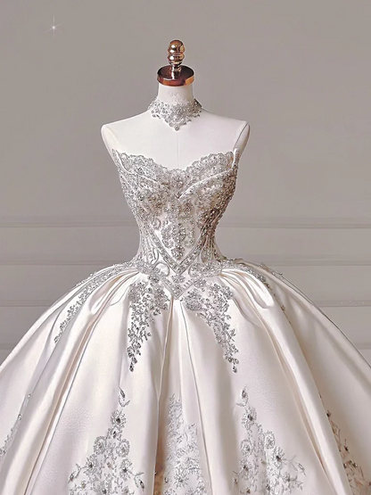 Prinzessinnen-Brautkleid, langes Ballkleid, schulterfrei, Satin, mit langen Ärmeln und Schleppe, Brautkleider AQ037