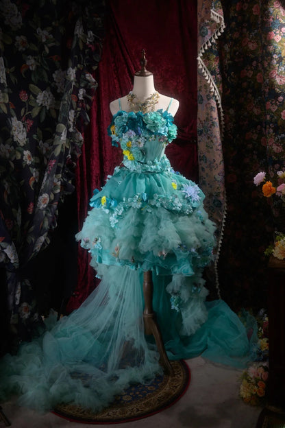 Fairytale High Low Spaghetti Strap Blue Tulle With Flowers Tiered Long Prom Dresses Formal Outfit Evening Night Dress RB8062