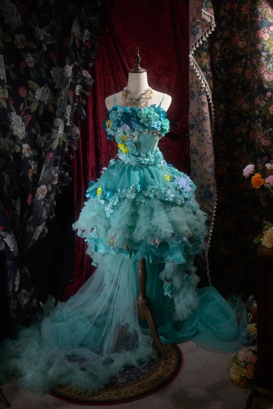 Fairytale High Low Spaghetti Strap Blue Tulle With Flowers Tiered Long Prom Dresses Formal Outfit Evening Night Dress RB8062
