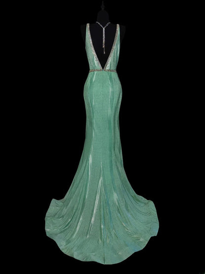 Robe de soirée longue vert menthe, col en V, style sirène, taille modeste, idéale pour les lycéennes en fin d'année (AS037)