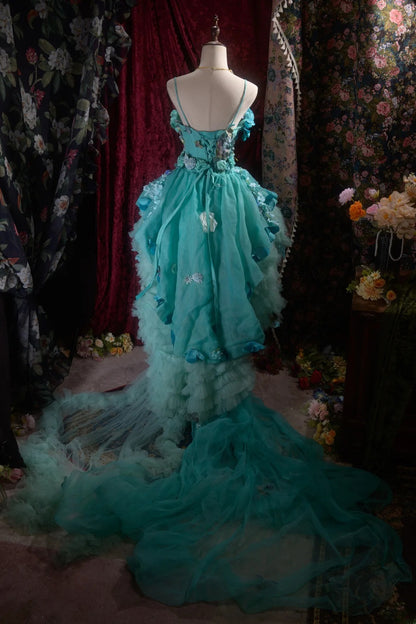 Fairytale High Low Spaghetti Strap Blue Tulle With Flowers Tiered Long Prom Dresses Formal Outfit Evening Night Dress RB8062