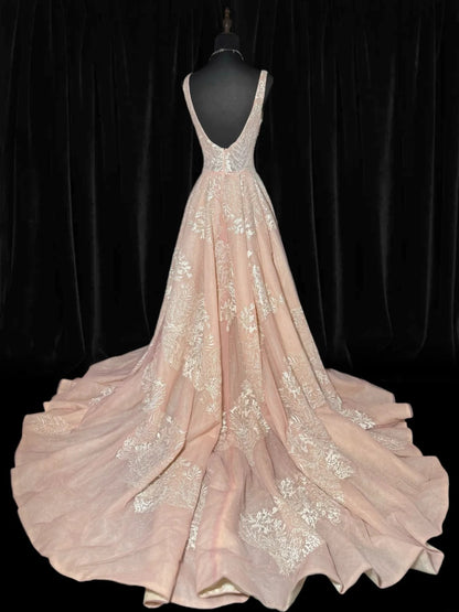 Robe de mariée victorienne vintage des années 1920, coupe trapèze, col carré, tulle rose orné d'appliqués de dentelle (AS037)
