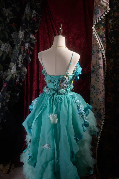 Fairytale High Low Spaghetti Strap Blue Tulle With Flowers Tiered Long Prom Dresses Formal Outfit Evening Night Dress RB8062