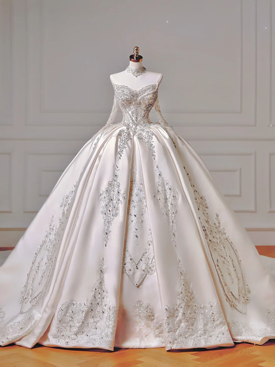 Prinzessinnen-Brautkleid, langes Ballkleid, schulterfrei, Satin, mit langen Ärmeln und Schleppe, Brautkleider AQ037