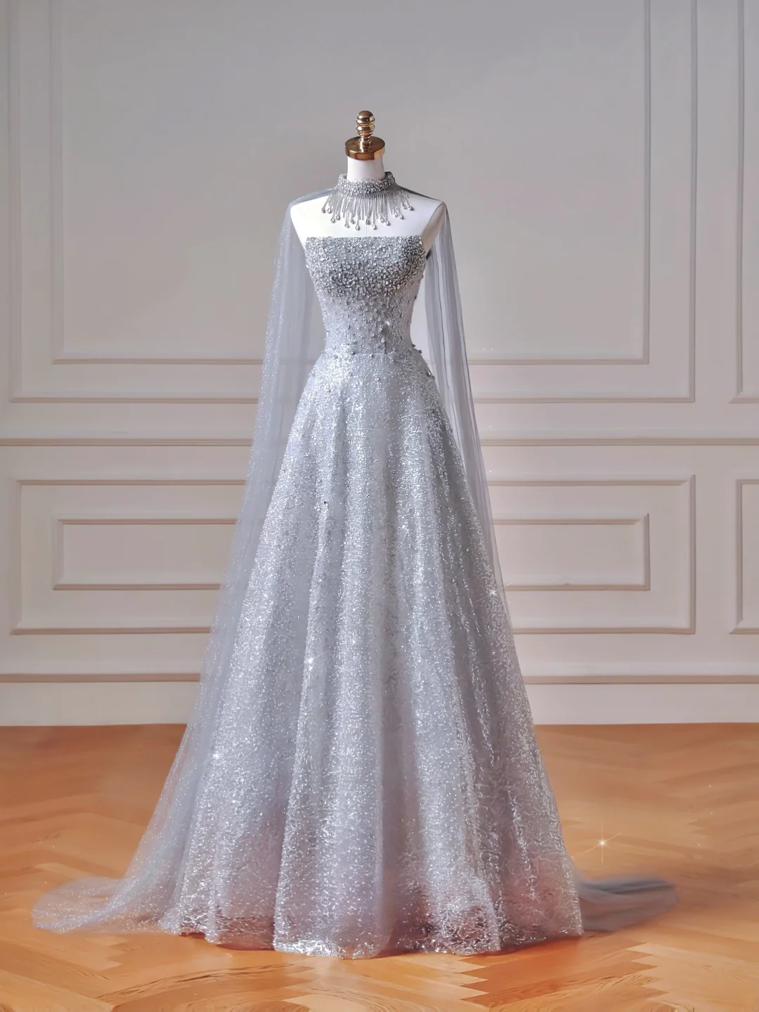 Elegantes, trägerloses, blaues Paillettenkleid mit Schal – ein beeindruckendes, langes Abendkleid für Teenager und Mädchen (AQ038)