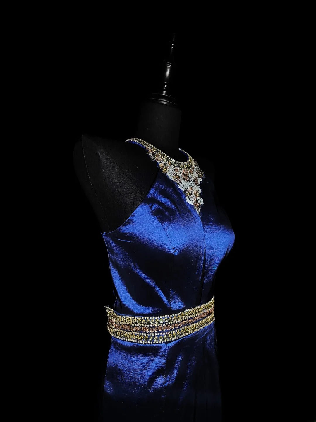Robe de bal longue vintage années 1950, style sirène, dos nu, en taffetas bleu roi orné de perles argentées, tenue de soirée pour la remise des diplômes de fin d'études secondaires AS038