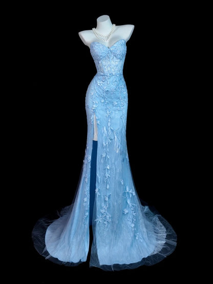 Light Sky Blue Prom Dress Inspo Mermaid Sweetheart Lace Modest With Slit Formal Party Gown RB9840