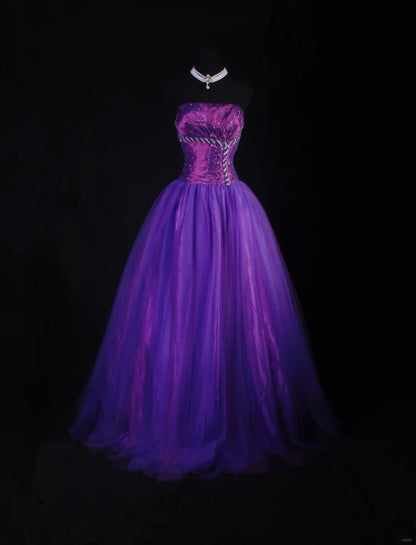 Robe de bal vintage années 90 pour femme, robe de soirée bustier en tulle violet, robe de bal longue de cérémonie AS038