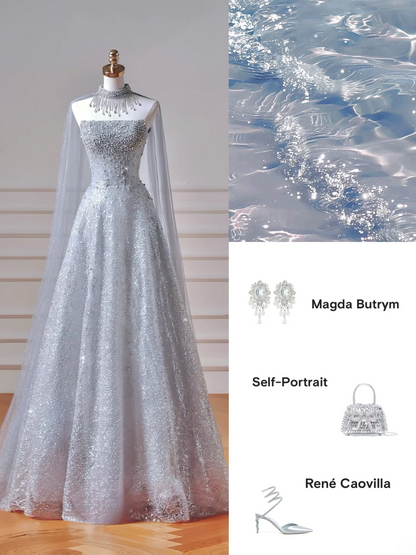 Elegantes, trägerloses, blaues Paillettenkleid mit Schal – ein beeindruckendes, langes Abendkleid für Teenager und Mädchen (AQ038)