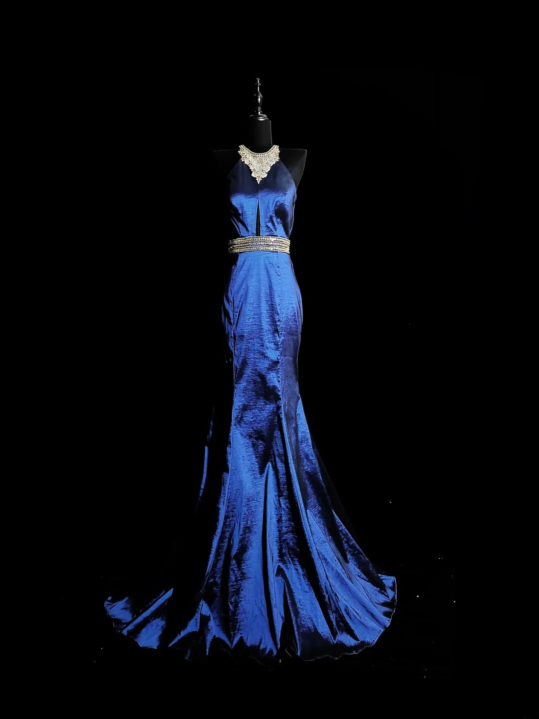 Robe de bal longue vintage années 1950, style sirène, dos nu, en taffetas bleu roi orné de perles argentées, tenue de soirée pour la remise des diplômes de fin d'études secondaires AS038