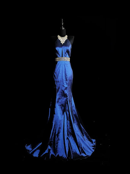 Robe de bal longue vintage années 1950, style sirène, dos nu, en taffetas bleu roi orné de perles argentées, tenue de soirée pour la remise des diplômes de fin d'études secondaires AS038