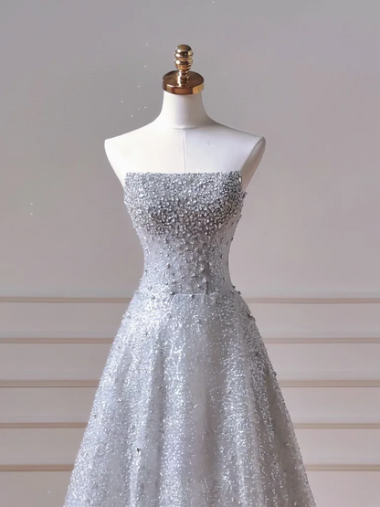 Elegantes, trägerloses, blaues Paillettenkleid mit Schal – ein beeindruckendes, langes Abendkleid für Teenager und Mädchen (AQ038)