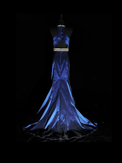Robe de bal longue vintage années 1950, style sirène, dos nu, en taffetas bleu roi orné de perles argentées, tenue de soirée pour la remise des diplômes de fin d'études secondaires AS038