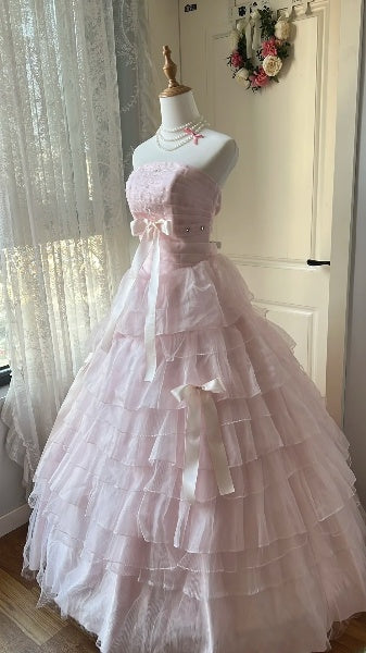 Sweet 16 Dresses Long Strapless Pink With Tiered Layers Ball Gown Sweet Sixteen Birthday Gown RC0408