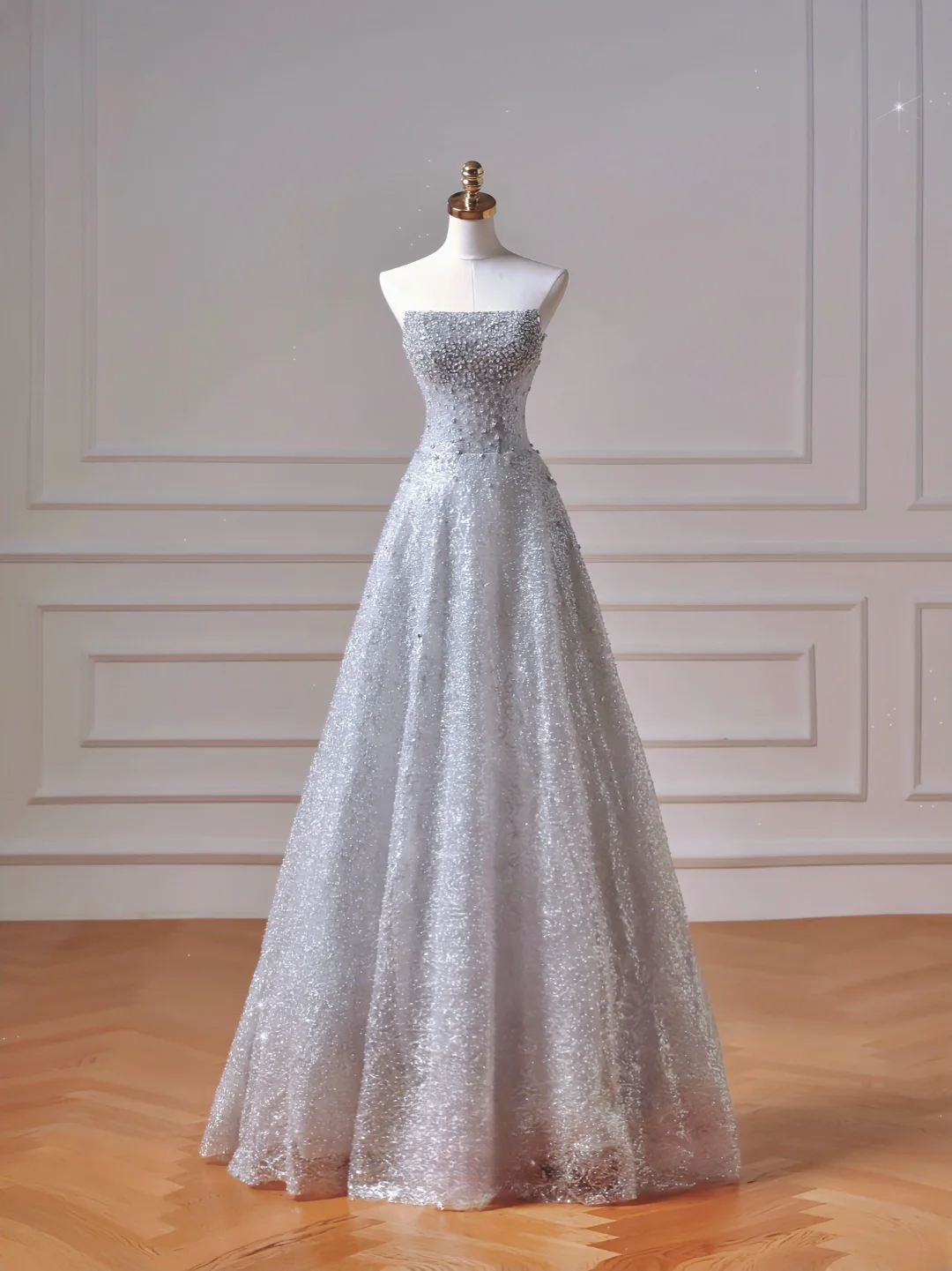 Elegantes, trägerloses, blaues Paillettenkleid mit Schal – ein beeindruckendes, langes Abendkleid für Teenager und Mädchen (AQ038)