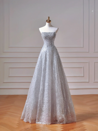 Elegantes, trägerloses, blaues Paillettenkleid mit Schal – ein beeindruckendes, langes Abendkleid für Teenager und Mädchen (AQ038)