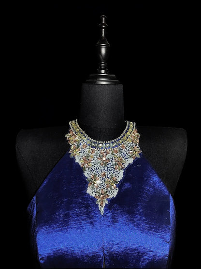 Robe de bal longue vintage années 1950, style sirène, dos nu, en taffetas bleu roi orné de perles argentées, tenue de soirée pour la remise des diplômes de fin d'études secondaires AS038
