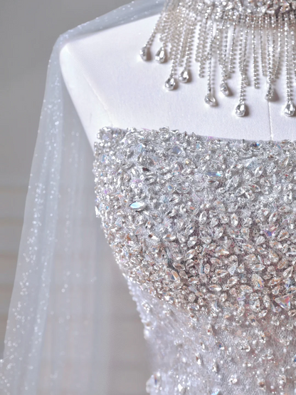 Elegantes, trägerloses, blaues Paillettenkleid mit Schal – ein beeindruckendes, langes Abendkleid für Teenager und Mädchen (AQ038)