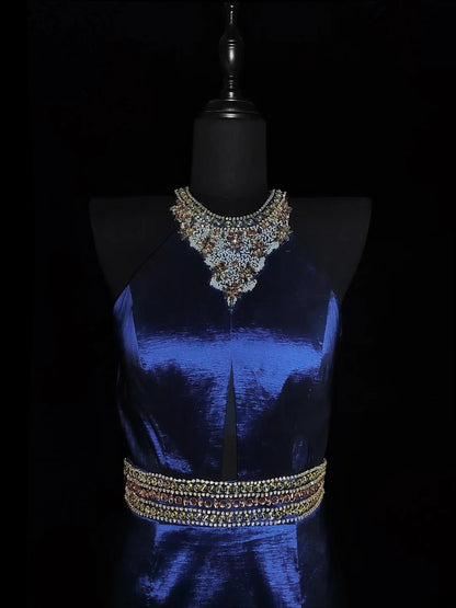 Robe de bal longue vintage années 1950, style sirène, dos nu, en taffetas bleu roi orné de perles argentées, tenue de soirée pour la remise des diplômes de fin d'études secondaires AS038
