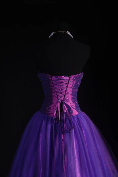 Robe de bal vintage années 90 pour femme, robe de soirée bustier en tulle violet, robe de bal longue de cérémonie AS038