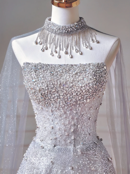 Elegantes, trägerloses, blaues Paillettenkleid mit Schal – ein beeindruckendes, langes Abendkleid für Teenager und Mädchen (AQ038)