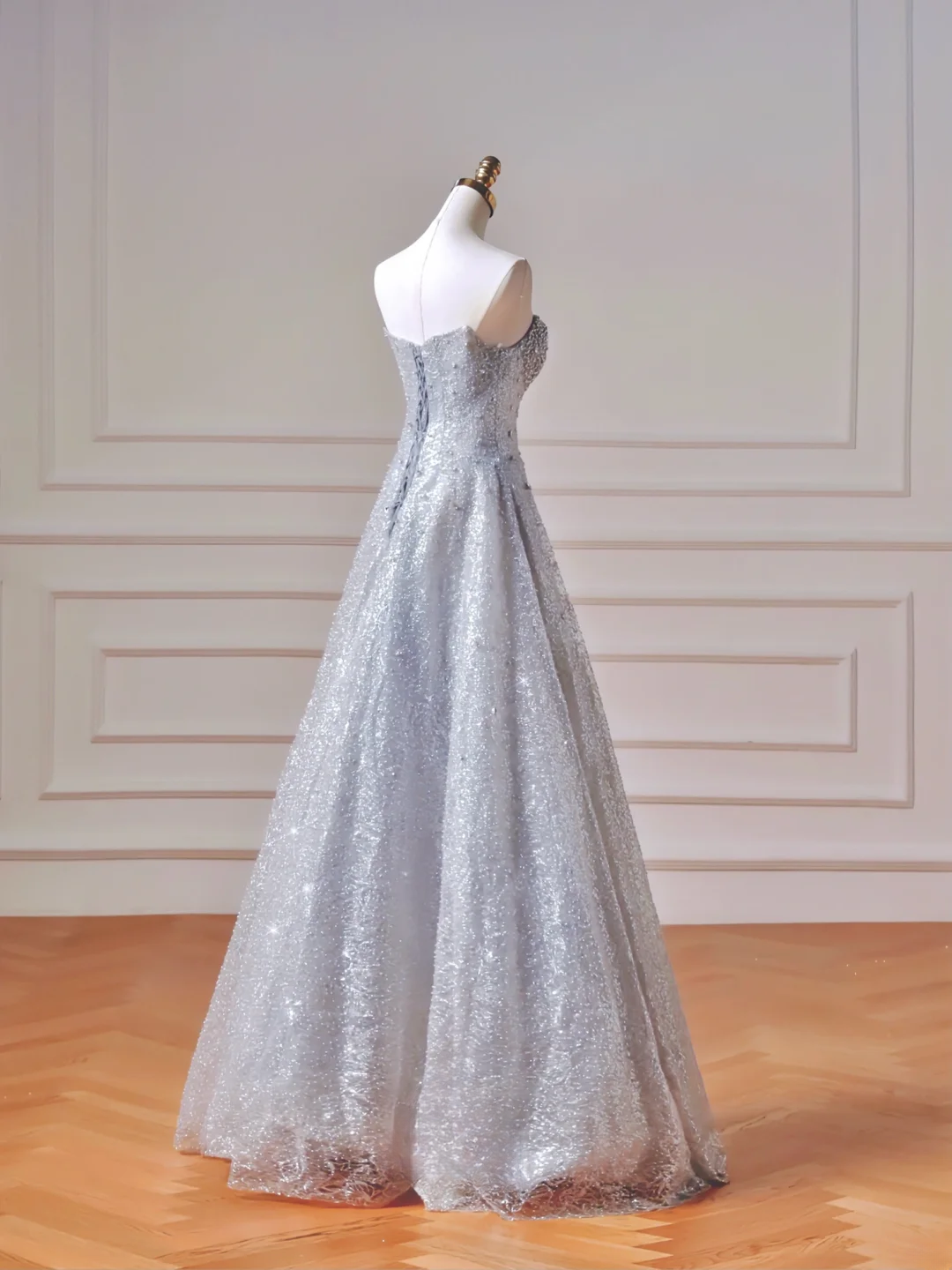 Elegantes, trägerloses, blaues Paillettenkleid mit Schal – ein beeindruckendes, langes Abendkleid für Teenager und Mädchen (AQ038)