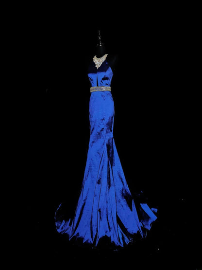 Robe de bal longue vintage années 1950, style sirène, dos nu, en taffetas bleu roi orné de perles argentées, tenue de soirée pour la remise des diplômes de fin d'études secondaires AS038