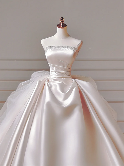 Prinzessinnen-Brautkleid, langes Ballkleid, trägerlos, Satin, mit Perlen und Schleppe, Brautkleider AQ039