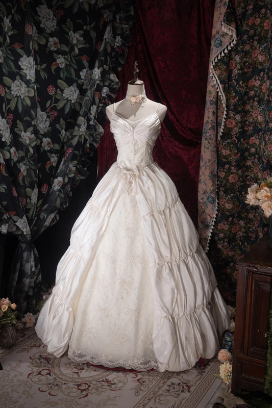 Vintage 80s Ball Gown Spaghetti Straps Ivory Satin With Lace Long Autumn Brides Gown Bridal Dress Wedding Dresses RB8064