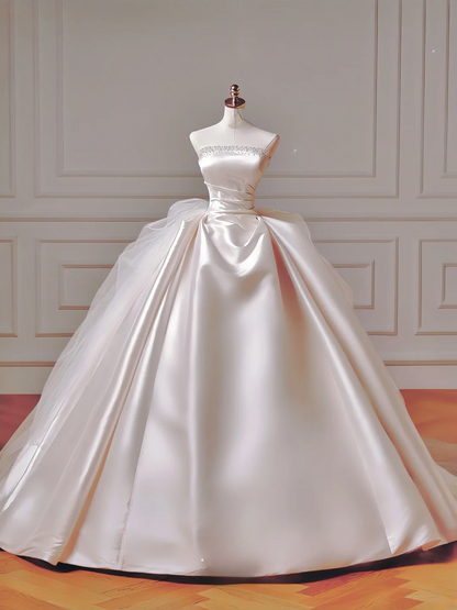 Prinzessinnen-Brautkleid, langes Ballkleid, trägerlos, Satin, mit Perlen und Schleppe, Brautkleider AQ039