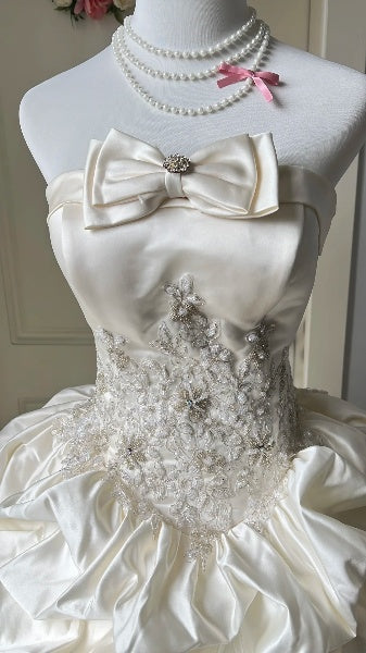 Sweet 16 Dresses Long Strapless Ivory Satin With Tiered Layers Ball Gown Sweet Sixteen Birthday Gown RC0409