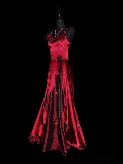 Modest A line Spaghetti Strap Red Satin Long Evening Dresses High School Teens Senior Night Dance Prom Dress AS039
