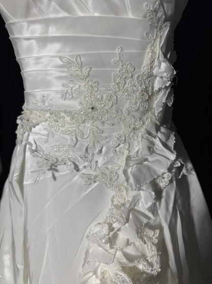 Damen-Ballkleid, schulterfrei, weiß, mit gestuftem Satin-Spitzenrock, lang, figurbetont, im Vintage-Stil der 70er Jahre, AS039