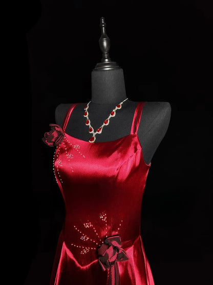 Modest A line Spaghetti Strap Red Satin Long Evening Dresses High School Teens Senior Night Dance Prom Dress AS039