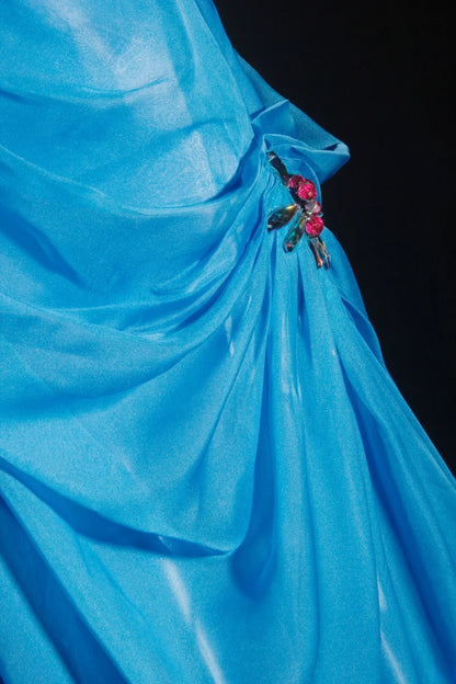 Vintage-Abendkleider im Stil der 90er Jahre, formell, A-Linie, V-Ausschnitt, blauer Chiffon mit Perlenstickerei, lange Partykleider, Ballkleider AS040