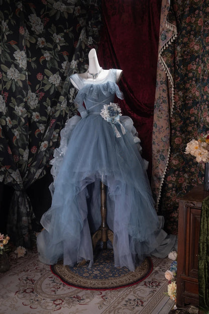 Fairytale High Low Square Dusty Blue Tulle With Flowers Tiered Long Prom Dresses Formal Outfit Evening Night Dress RB8065