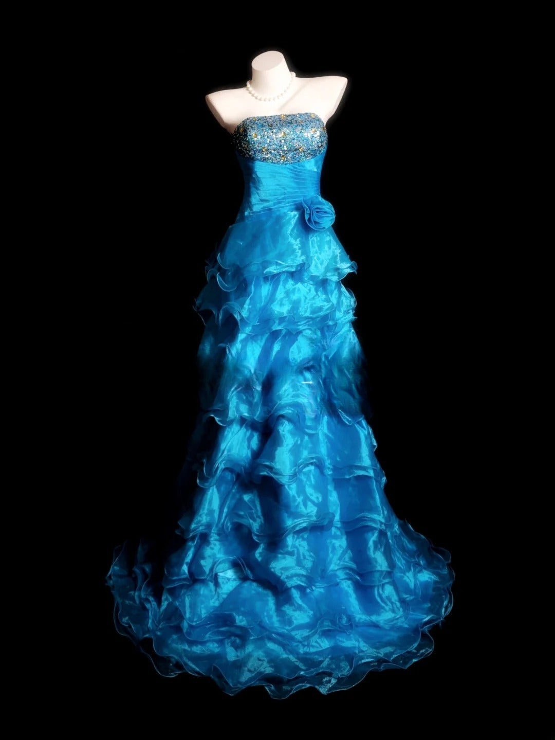 Blue Prom Dress Inspo Mermaid Strapless Tiered Layers Modest Long Formal Party Gown RB9843