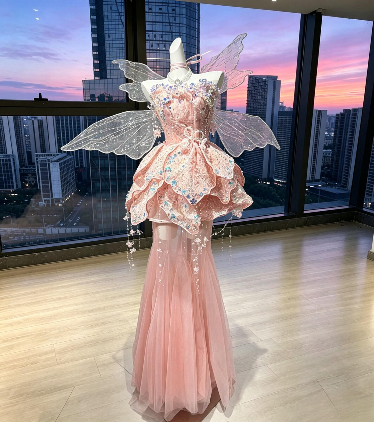 Cute Wedding Dress Fairytale Ball Gown Sweetheart Pink With Ruffled Beading Wing Bridal Gown RC1001