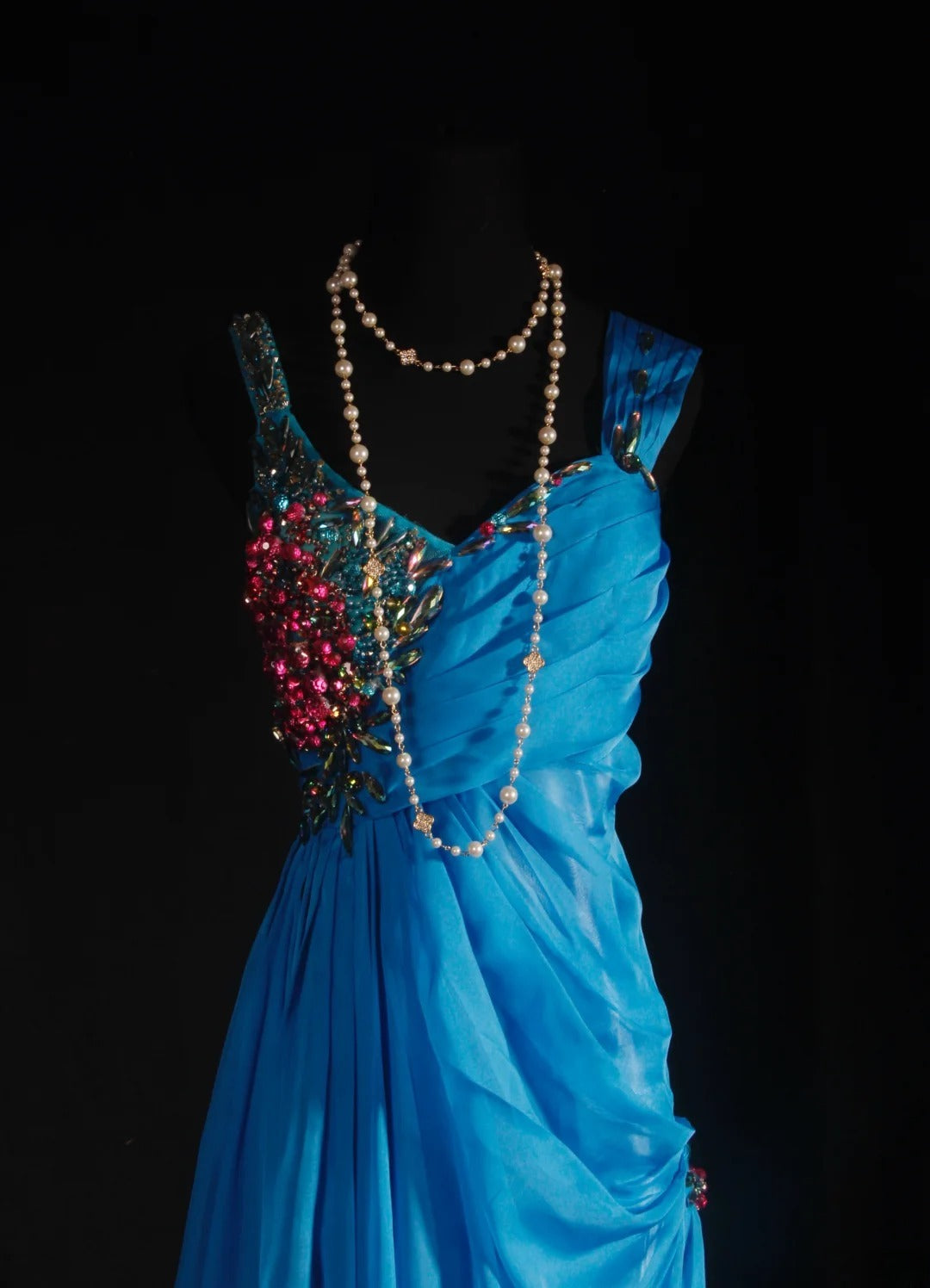 Vintage-Abendkleider im Stil der 90er Jahre, formell, A-Linie, V-Ausschnitt, blauer Chiffon mit Perlenstickerei, lange Partykleider, Ballkleider AS040