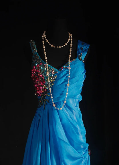Vintage-Abendkleider im Stil der 90er Jahre, formell, A-Linie, V-Ausschnitt, blauer Chiffon mit Perlenstickerei, lange Partykleider, Ballkleider AS040