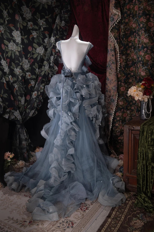 Fairytale High Low Square Dusty Blue Tulle With Flowers Tiered Long Prom Dresses Formal Outfit Evening Night Dress RB8065