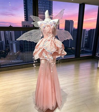 Cute Wedding Dress Fairytale Ball Gown Sweetheart Pink With Ruffled Beading Wing Bridal Gown RC1001