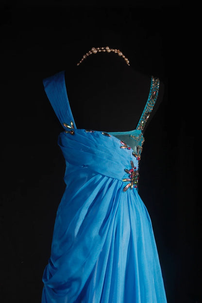Vintage-Abendkleider im Stil der 90er Jahre, formell, A-Linie, V-Ausschnitt, blauer Chiffon mit Perlenstickerei, lange Partykleider, Ballkleider AS040