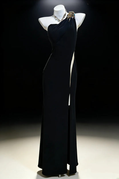 Robe fourreau noire asymétrique sans manches avec fente, longue, idéale pour un bal de promo, une sortie au lycée ou un 21e anniversaire (AS040)