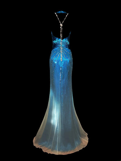 Modest Mermaid V Neck Ombre White Blue With Slit Beads Sleeveless Long Prom Dresses High School Senior Graduation Dance Party Outfits AS040