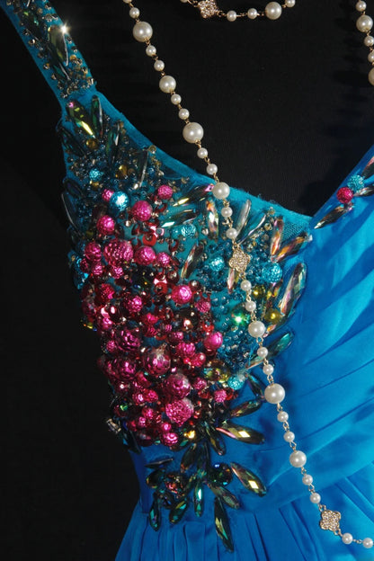 Vintage-Abendkleider im Stil der 90er Jahre, formell, A-Linie, V-Ausschnitt, blauer Chiffon mit Perlenstickerei, lange Partykleider, Ballkleider AS040